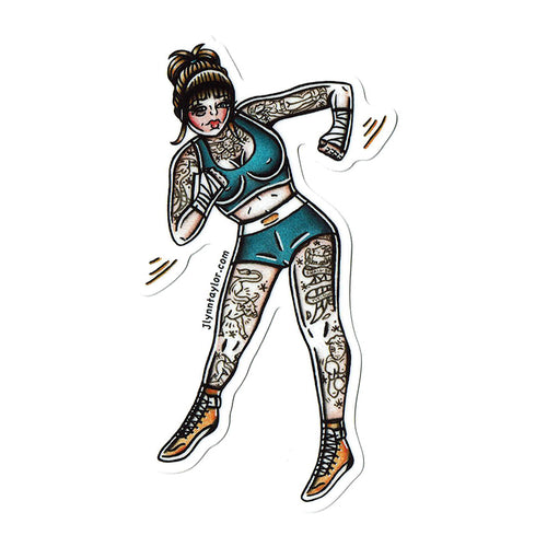 American Traditional tattoo flash Women Bare-knuckle Boxer Pinup watercolor sticker.
