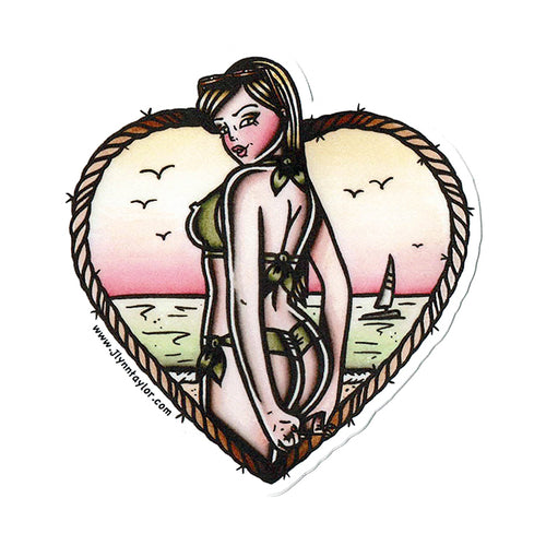 American Traditional tattoo flash beach bunny pinup sticker.