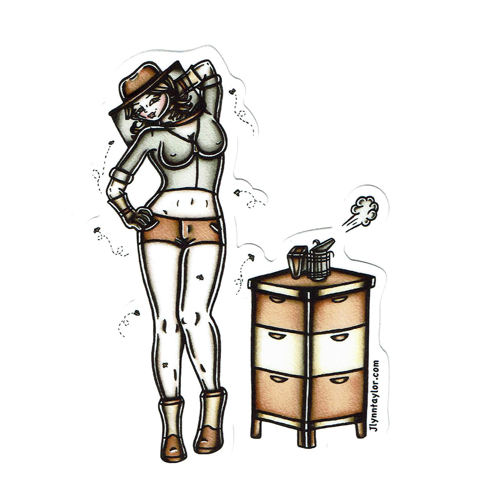 American traditional tattoo flash Beekeeper Pinup watercolor sticker.