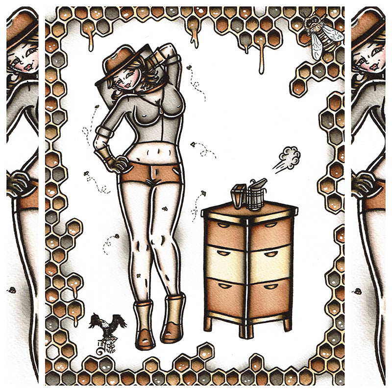 American Traditional tattoo flash sexy beekeeper pinup spitshade painting.