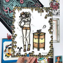 Load image into Gallery viewer, American traditional tattoo flash sexy beekeeper pinup print.
