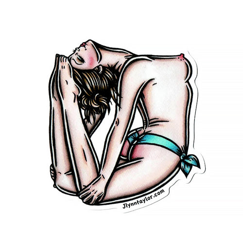 American traditional nude bent back yoga Pinup watercolor sticker.