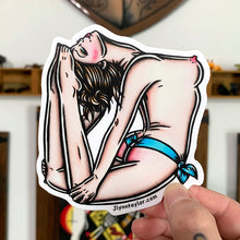 Load image into Gallery viewer, American traditional nude bent back yoga Pinup watercolor sticker.
