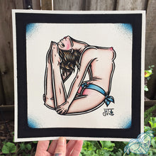 Load image into Gallery viewer, American Traditional tattoo flash topless bent back yoga pinup watercolor painting.
