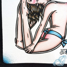 Load image into Gallery viewer, American Traditional tattoo flash topless bent back yoga pinup watercolor painting.
