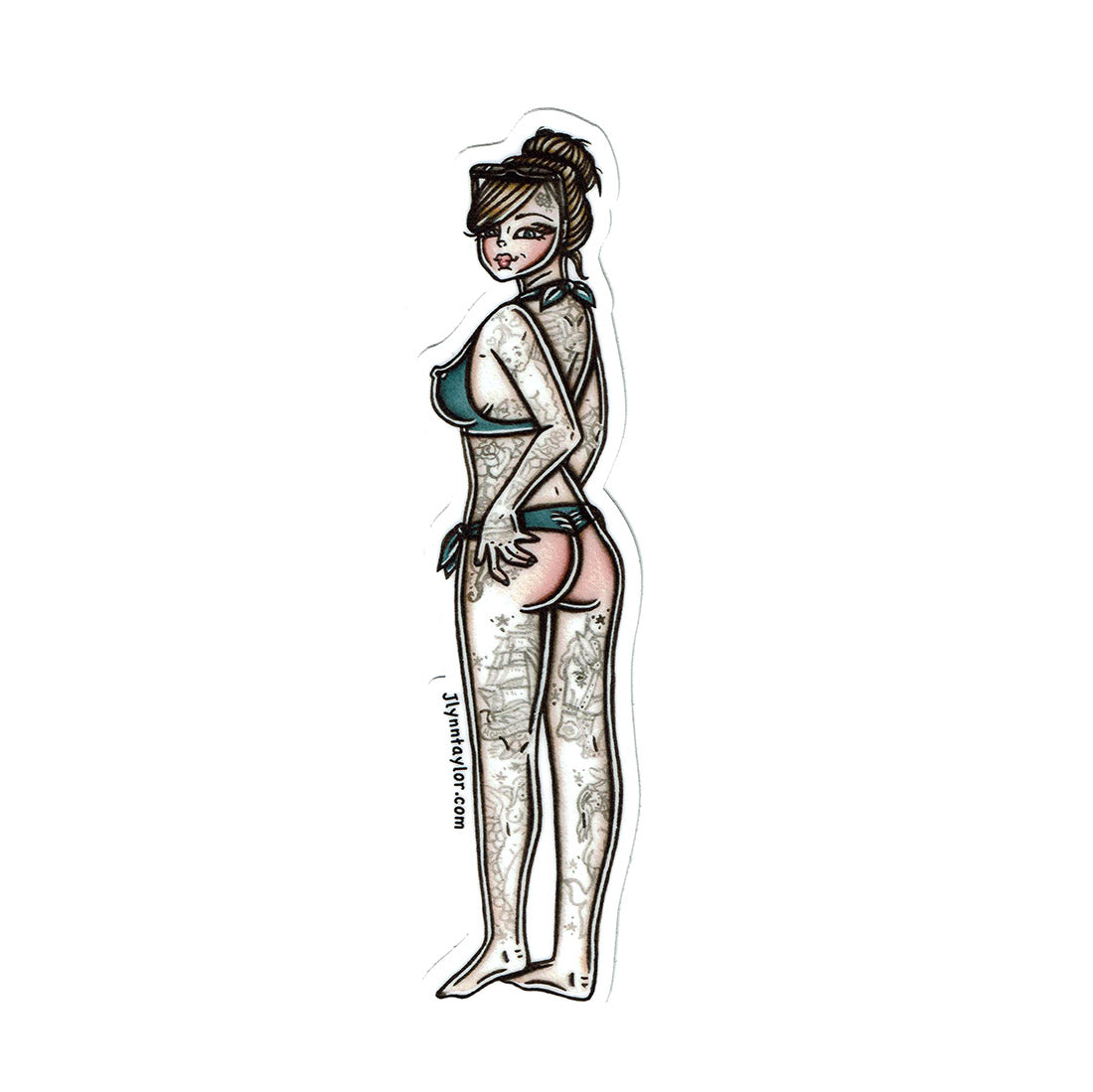 American traditional tattoo flash bikini pinup watercolor sticker.