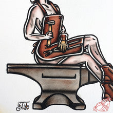 Load image into Gallery viewer, American Traditional tattoo flash working class anvil Blacksmith Pinup watercolor painting.
