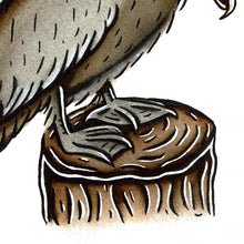 Load image into Gallery viewer, American traditional tattoo flash wildlife illustration Brown Pelican ink and watercolor painting.
