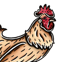 Load image into Gallery viewer, American traditional tattoo flash wildlife illustration Buff Orpington Rooster ink and watercolor painting.
