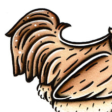 Load image into Gallery viewer, American traditional tattoo flash wildlife illustration Buff Orpington Rooster ink and watercolor painting.
