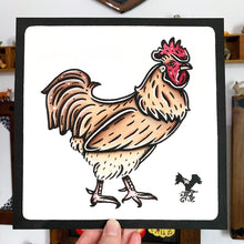Load image into Gallery viewer, American traditional tattoo flash wildlife illustration Buff Orpington Rooster ink and watercolor painting.
