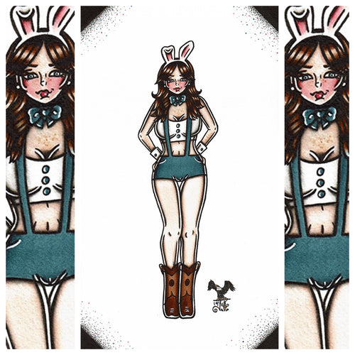 American Traditional tattoo flash sexy Playboy Bunny pinup spitshade painting.