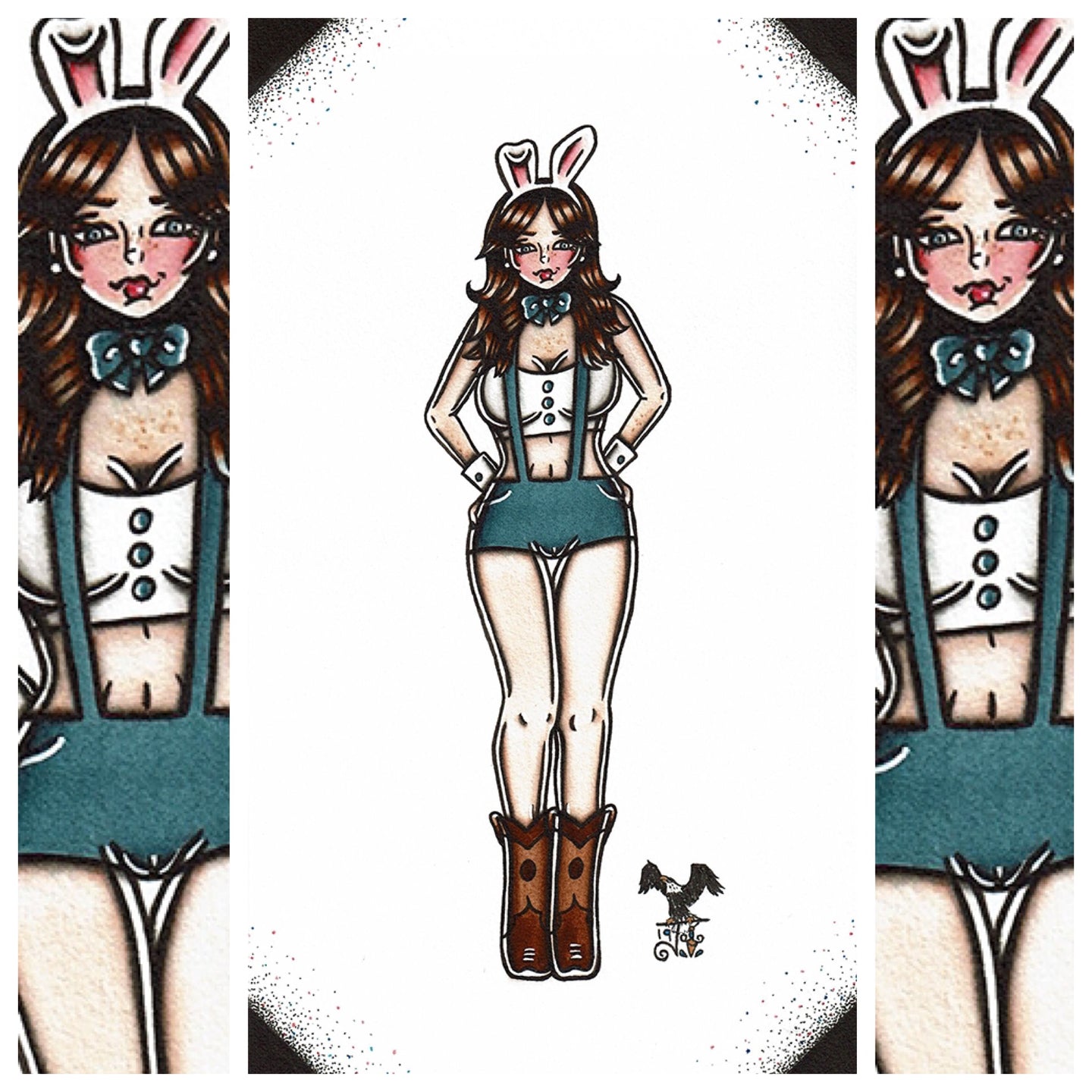 American Traditional tattoo flash sexy Playboy Bunny pinup spitshade painting.