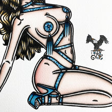 Load image into Gallery viewer, American Traditional tattoo flash burlesque pinup watercolor painting.
