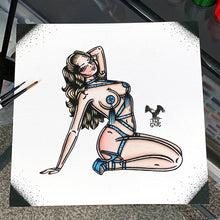 Load image into Gallery viewer, American Traditional tattoo flash burlesque pinup watercolor painting.
