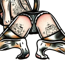 Load image into Gallery viewer, American traditional tattoo flash Calico Kitten Pinup watercolor painting.
