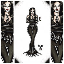 Load image into Gallery viewer, American Traditional tattoo flash sexy Morticia Addams pinup spitshade painting.
