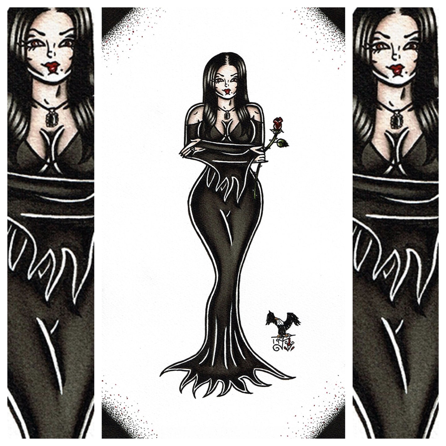American Traditional tattoo flash sexy Morticia Addams pinup spitshade painting.