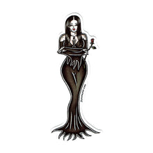 Load image into Gallery viewer, American Traditional tattoo flash illustration Morticia Addams Cara Mia pinup watercolor sticker.
