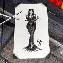 Load image into Gallery viewer, American Traditional tattoo flash sexy Morticia Addams pinup spitshade painting.
