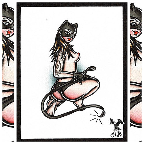 American Traditional tattoo flash sexy cat woman pinup spitshade painting.