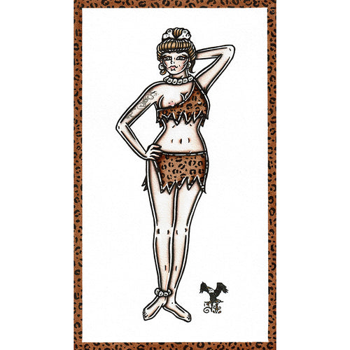 American traditional tattoo flash Cavewoman Pinup watercolor painting.