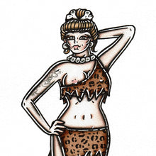 Load image into Gallery viewer, American traditional tattoo flash Cavewoman Pinup watercolor painting.
