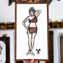 Load image into Gallery viewer, American traditional tattoo flash Cavewoman Pinup watercolor painting.
