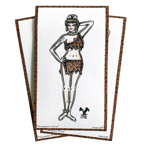 American traditional tattoo flash Cavewoman Pinup watercolor print.