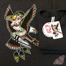 Load image into Gallery viewer, Tattoo style eagle and pinup on heather charcoal shirt.

