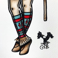 Load image into Gallery viewer, American Traditional tattoo flash Native Cherokee Pinup watercolor painting.
