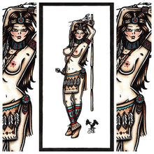 Load image into Gallery viewer, American Traditional tattoo flash Native Cherokee Pinup watercolor painting.
