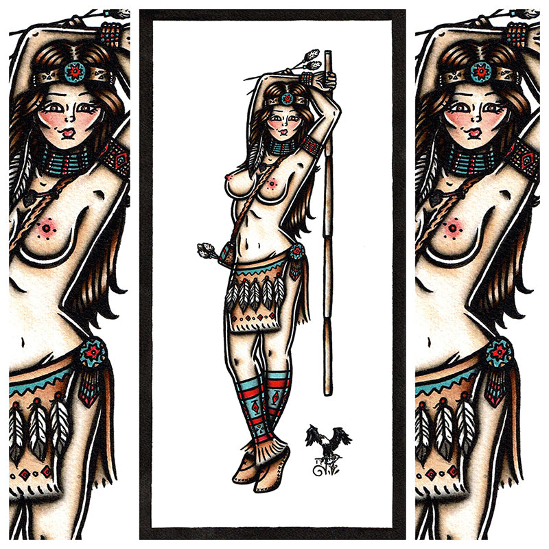 American Traditional tattoo flash Native Cherokee Pinup watercolor painting.