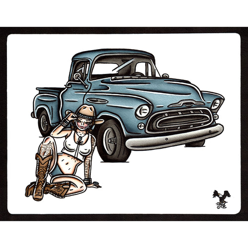 American traditional tattoo flash 1955 Chevrolet Pickup Pinup watercolor painting.