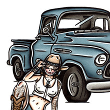 Load image into Gallery viewer, American traditional tattoo flash 1955 Chevrolet Pickup Pinup watercolor painting.

