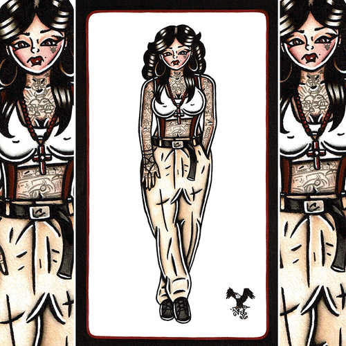 American Traditional watercolor Chola Pinup Tattoo FlashPainting.