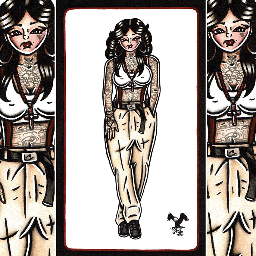 American Traditional watercolor Chola Pinup Tattoo FlashPainting.