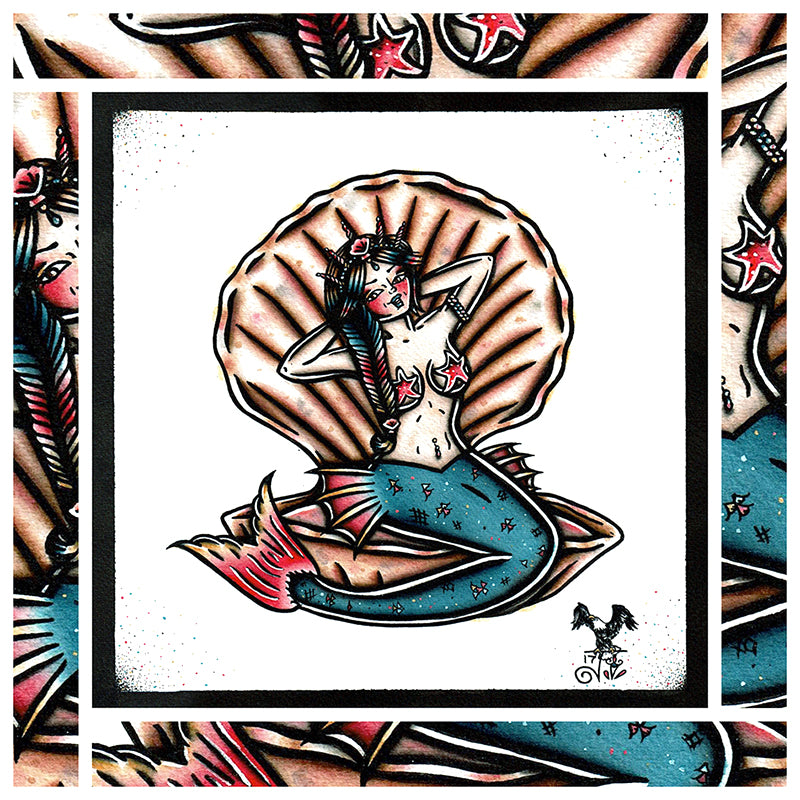 American Traditional tattoo flash sexy traditional clamshell mermaid pinup spitshade painting.