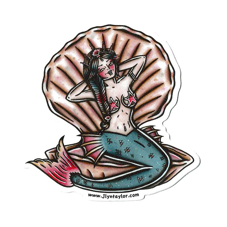 American Traditional tattoo flash Clamshell Mermaid pinup watercolor sticker.