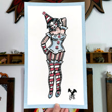 Load image into Gallery viewer, American traditional tattoo flash Clown Pinup watercolor painting.
