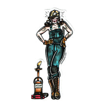 Load image into Gallery viewer, American traditional tattoo flash West Virginia Coal Miner and Canary Pinup watercolor sticker.
