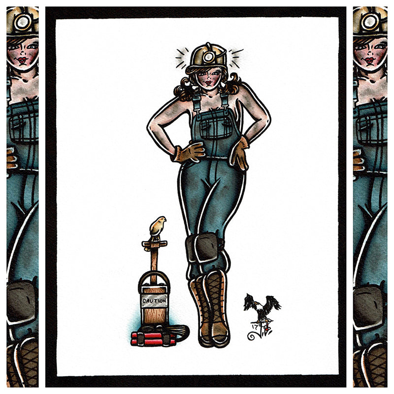 American Traditional tattoo flash sexy coal miner pinup spitshade painting.