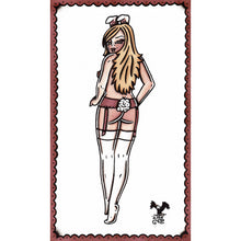 Load image into Gallery viewer, American traditional tattoo flash Cottontail Bunny Pinup watercolor painting.
