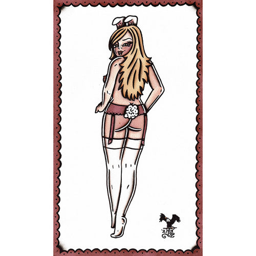 American traditional tattoo flash Cottontail Bunny Pinup watercolor painting.