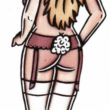 Load image into Gallery viewer, American traditional tattoo flash Cottontail Bunny Pinup watercolor painting.
