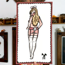 Load image into Gallery viewer, American traditional tattoo flash Cottontail Bunny Pinup watercolor painting.
