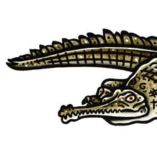 Load image into Gallery viewer, American traditional tattoo flash wildlife illustration Gharial Alligator ink and watercolor painting.
