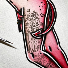 Load image into Gallery viewer, American traditional tattoo flash Devil Pinup watercolor painting.
