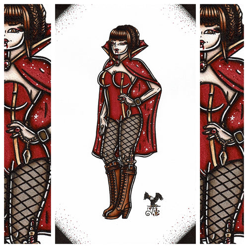 American Traditional tattoo flash Dracula Pinup watercolor painting.