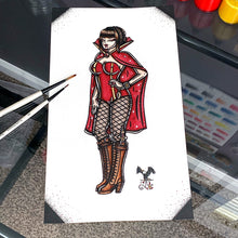 Load image into Gallery viewer, American Traditional tattoo flash Dracula Pinup watercolor painting.
